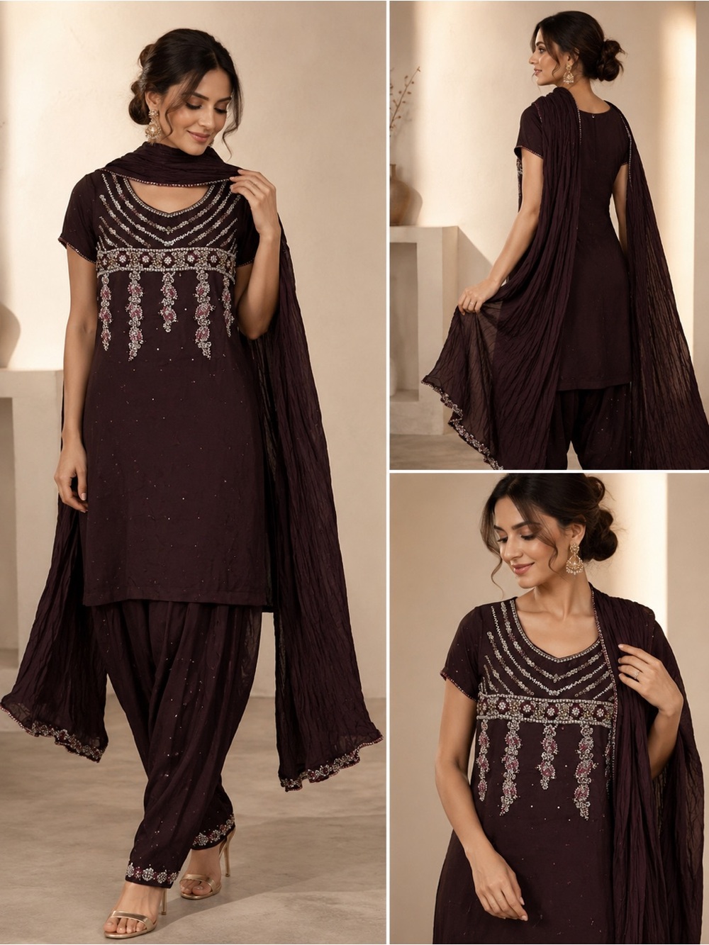 Brown Indian Salwar Kameez 3-Piece Set w/ Dupatta Embellished Beading Size 40/S